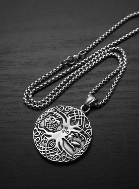 项链钢朋克吊坠嘻哈生命之树圆牌