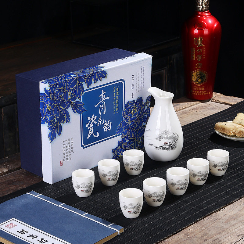 Winery warm hip flask wine dispenser blue and white box ceramic one pot eight glasses wine suit white wine glass wine pot LOGO wine container