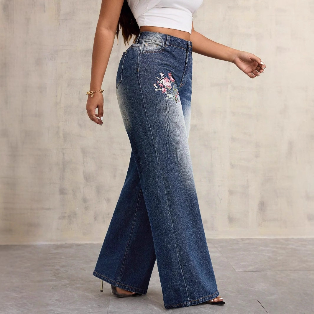 Vintage Embroidered Wide Leg Jeans Loose Fit Casual Style Womens Fashion Wholesale Available