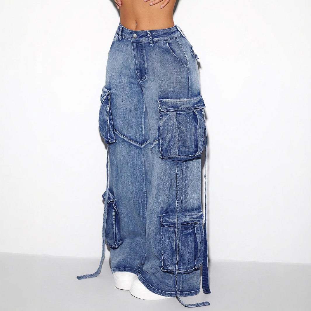 Womens Vintage Multi Pocket Stretch Casual Denim Overalls Retro Style European and American Fashion Wholesale Available