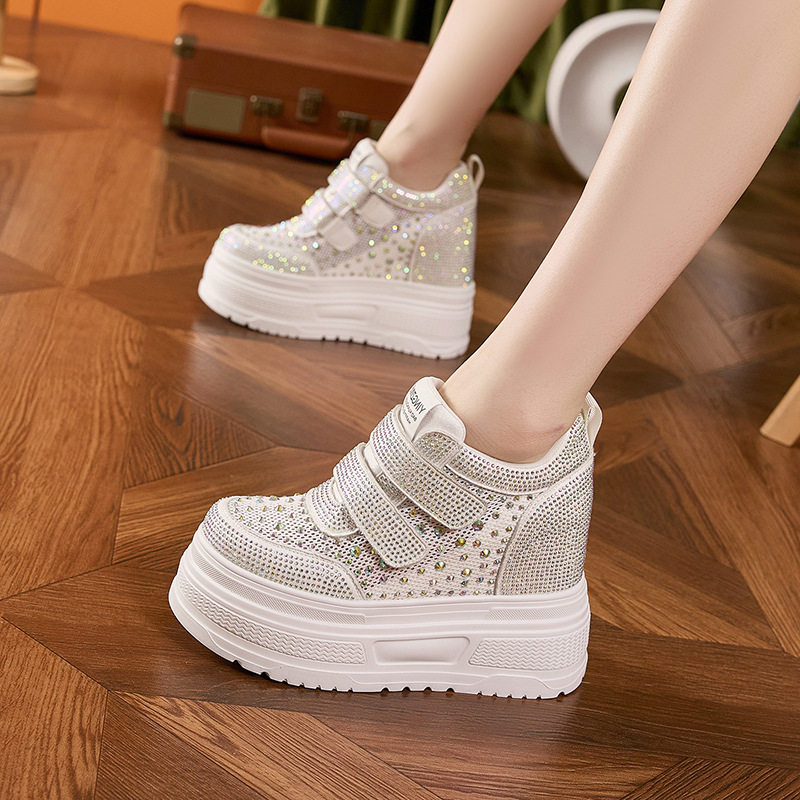 Giày sneaker nữ đế dày chunky trắng phối lưới thoáng khí gót 12 cm — Trắng, Đen