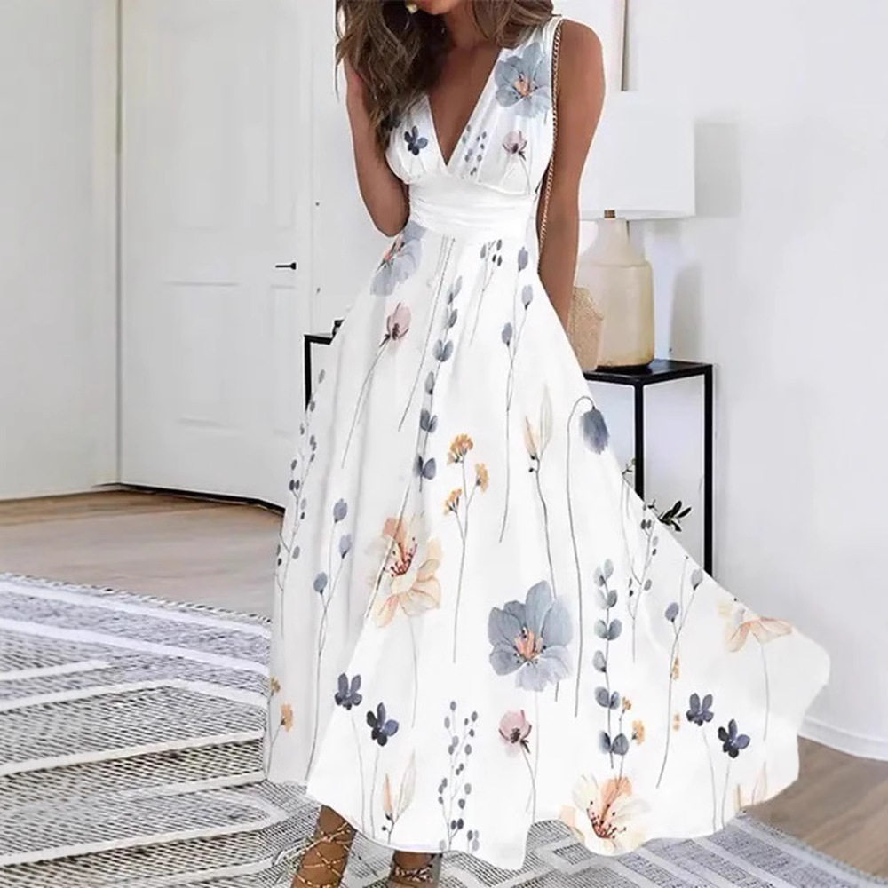 V Neck High Waisted Sleeveless Floral Dress Elegant Summer Style Perfect for Parties and Casual Outings Wholesale