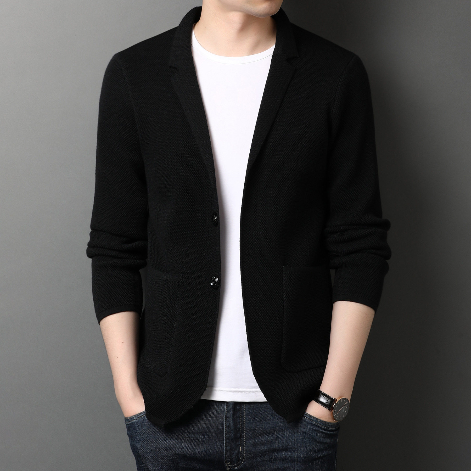 毛衣外套男春秋季薄款韩版帅气秋装上衣立领外穿男士针织开衫长袖