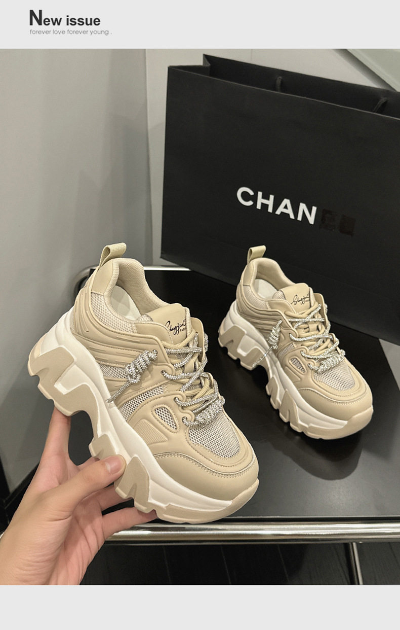 Giày sneaker nữ chạy bộ mesh thoáng khí đế cao 6-8 cm, mũi tròn, dây buộc — Len thuần, Ka ki chi tiết 14