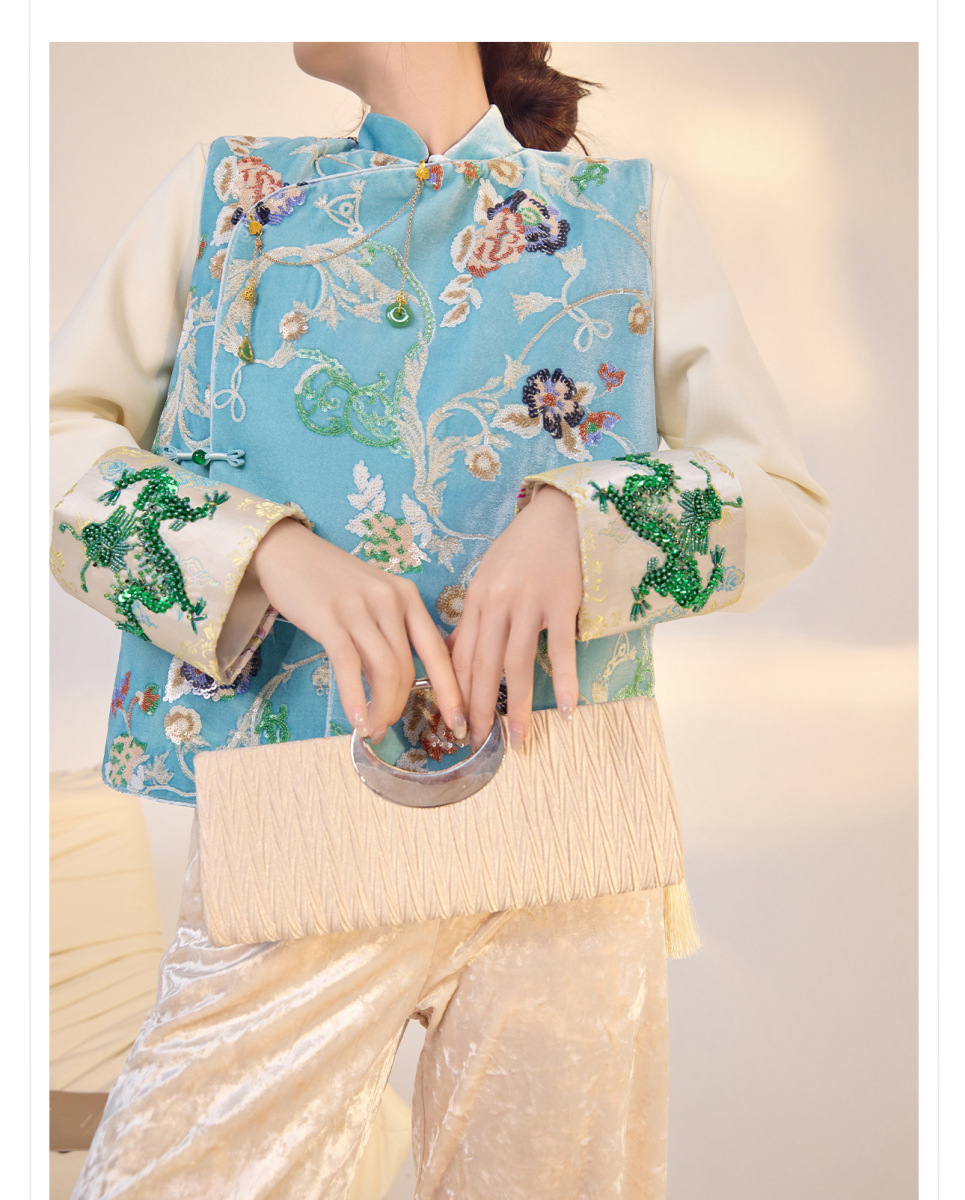 Áo vest nữ dáng ngắn thêu hoa chất liệu satin phối sequin — Màu xanh da trời (giao hàng trong 7 ngày), Màu xanh da trời (phát hành cùng ngày)