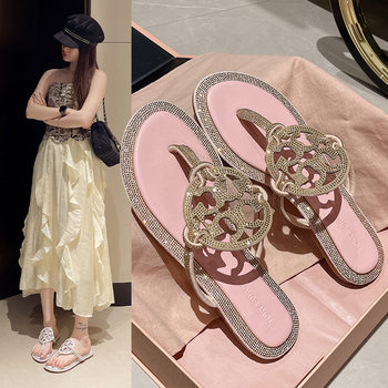 TB new round diamond flat bottom women's slippers ins European and American fashion beach cross-border toe willow nail rhinestone flip-flops