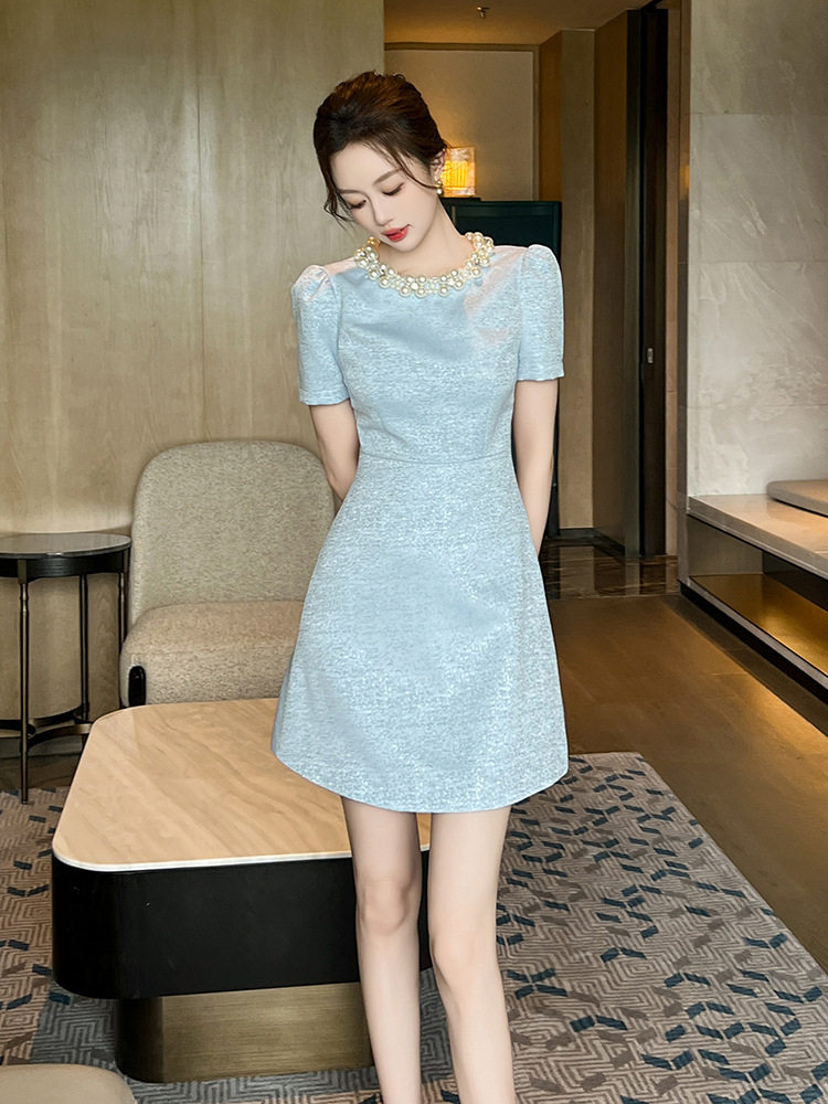 Đầm suông nữ cổ tròn tay ngắn dáng chữ A phong cách Chanel — [Xanh nhạt]