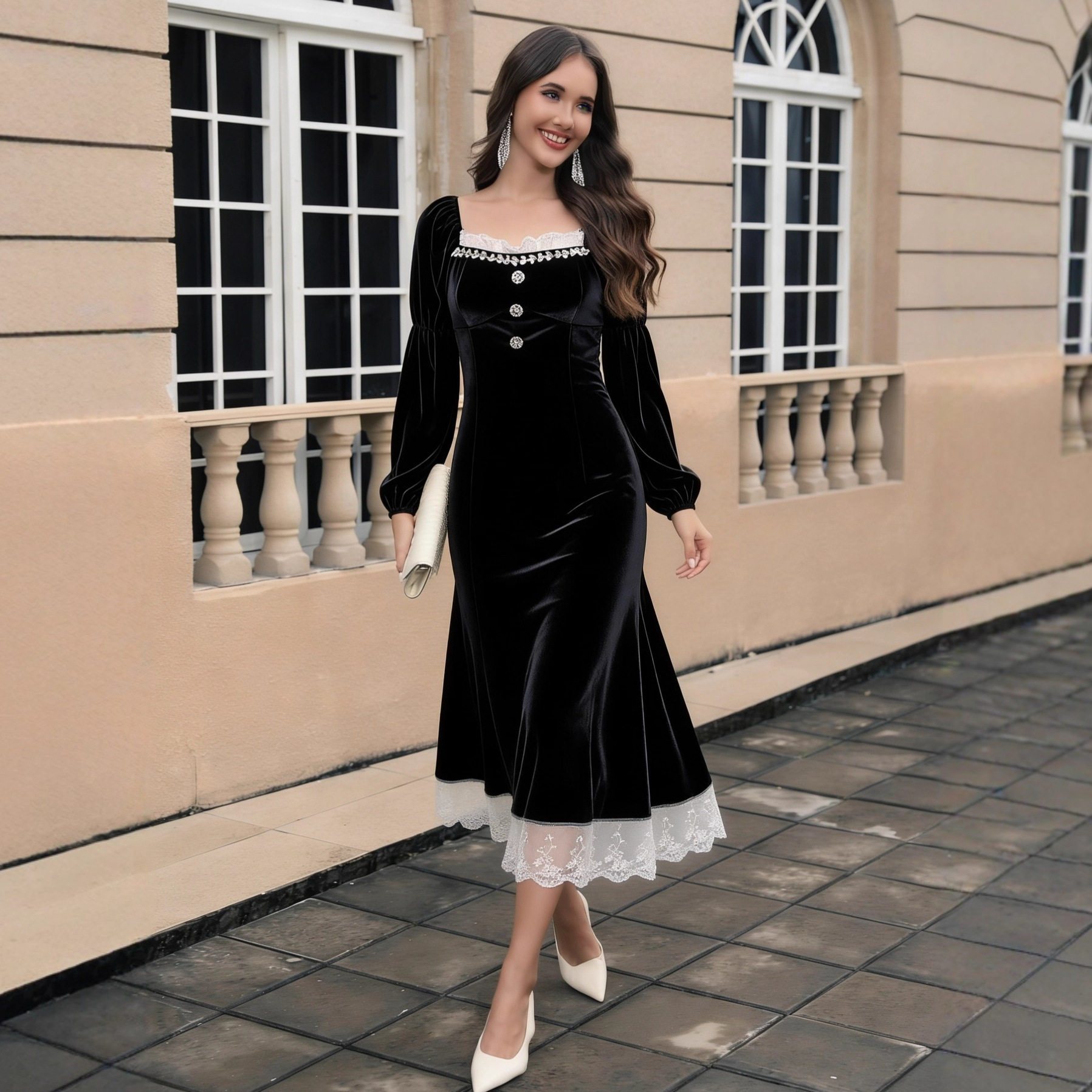 French Velvet Long Dress Black Elegant Waist Defined Autumn Winter Fashion Wholesale Available