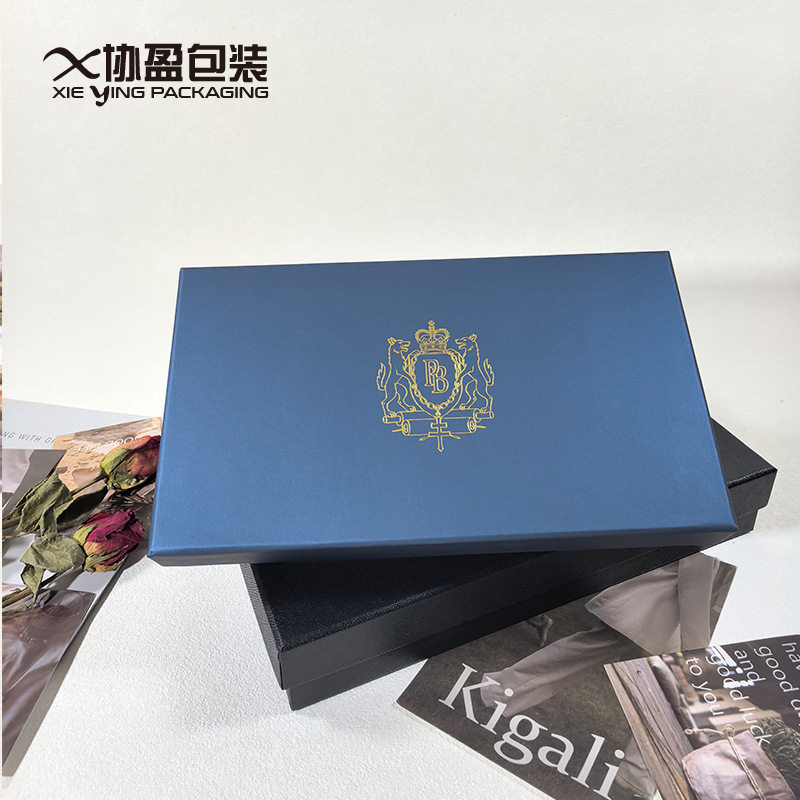 Dark Blue Clamshell Packaging Box, Custom Wallet Box, Premium Suede Paper Clamshell Box with Gold Stamping, Wallet and Scarf Box
