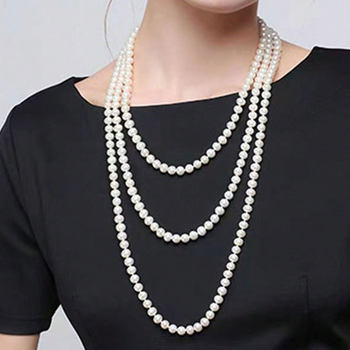 Cross-border hot sale 8mm imitation pearl long necklace women's fashion Joker multi-layer folded sweater chain jewelry wholesale