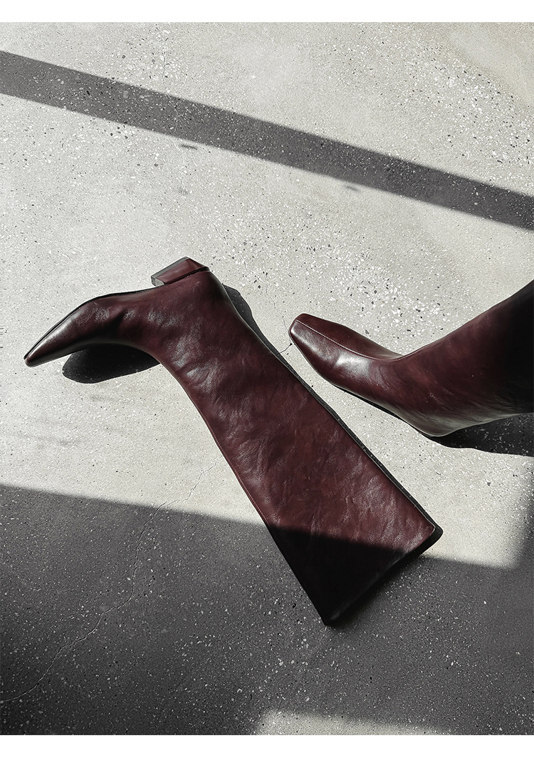 Boot cao cổ nữ da bò mũi vuông gót thấp phong cách thanh lịch — màu đen, Màu đỏ rượu