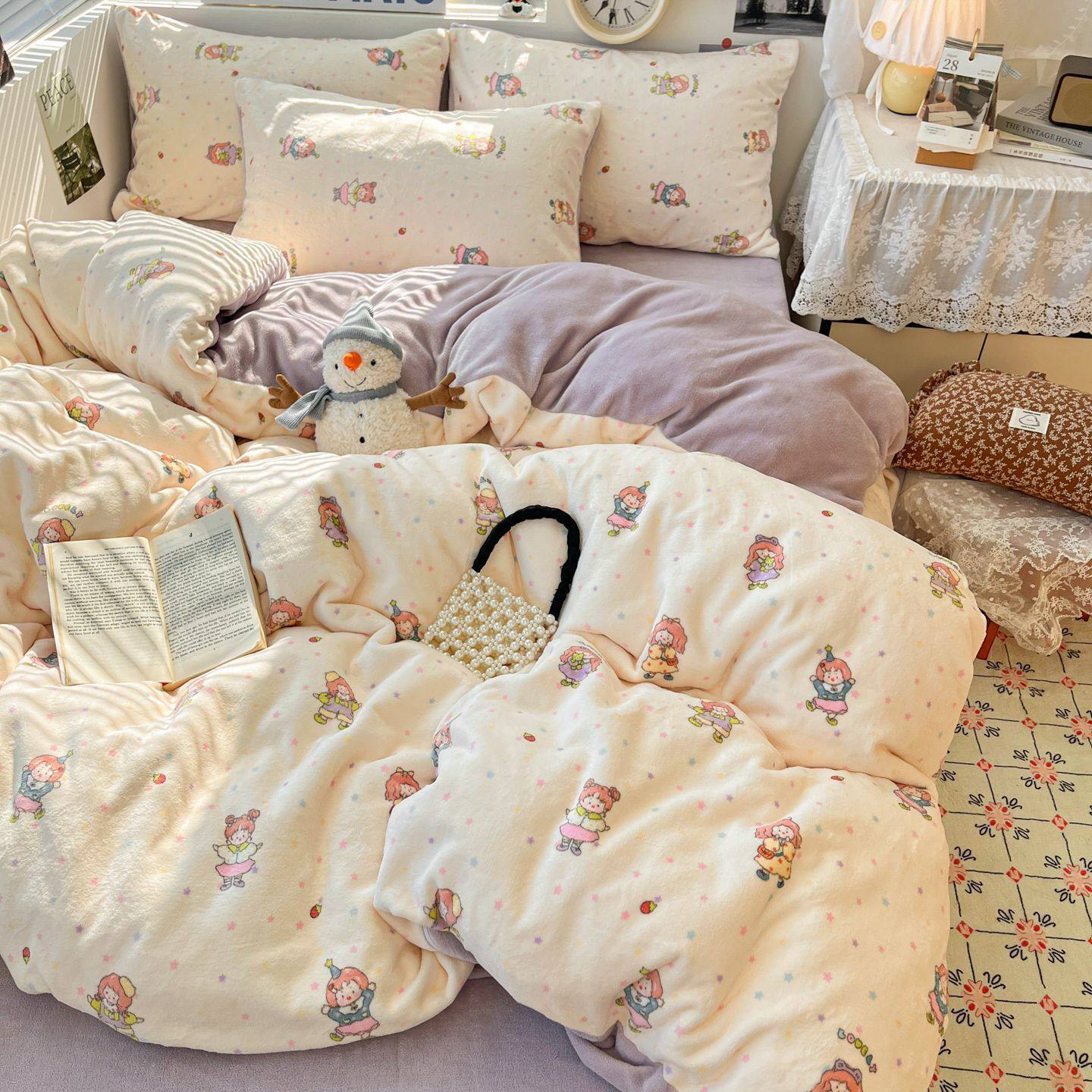 Class a Winter Thickeneded Milk Velvet Four-Piece Set Fleece-Lined Thickeneded Single Quilt Cover Cartoon Fresh Student Dormitory Three-Piece Set 4