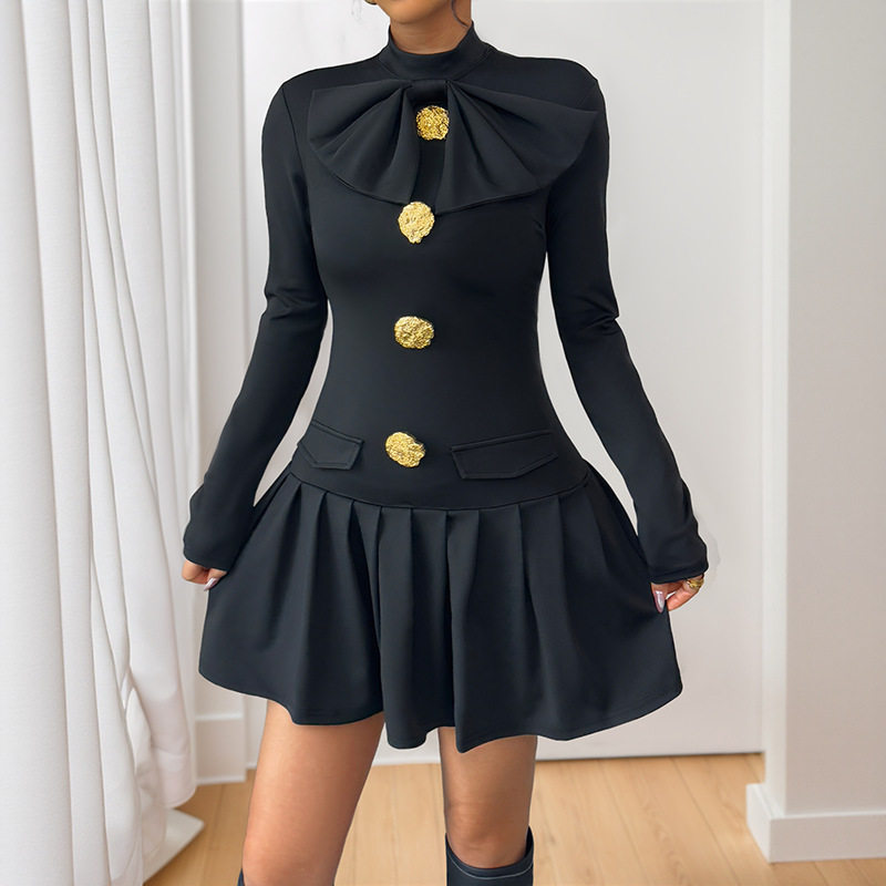 Elegant Sweetheart Bow Tie Buttoned High Neck Long Sleeve Dress Autumn Fashion Wholesale Available