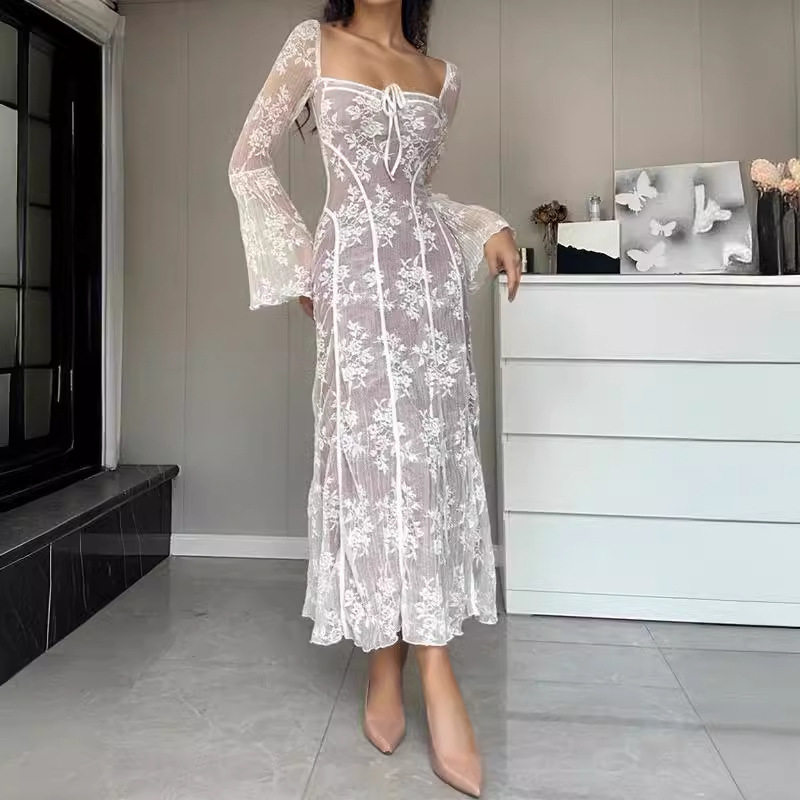 Lace V Neck Hollow Out Dress Elegant Fit Spring Summer Style Slimming Design Wholesale Available