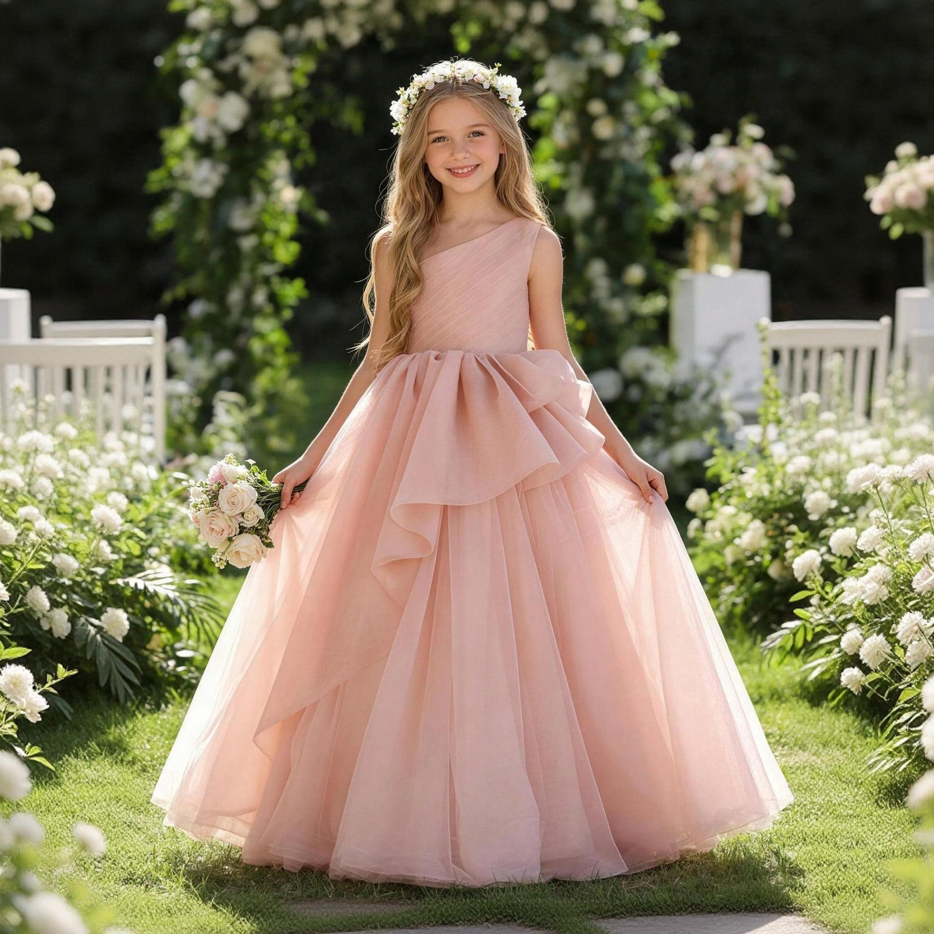 Girl's long evening dress birthday party host model performs costume flower girl princess dress