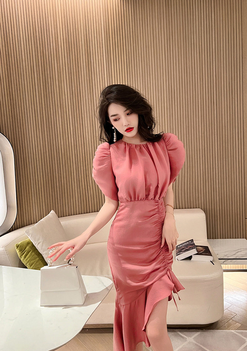 Đầm suông nữ midi cổ tròn tay bồng đuôi cá — [Hồng] chi tiết 10