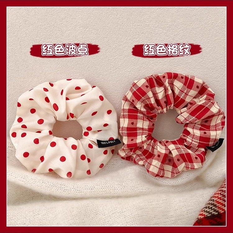 Red wave dot large intestine hair ring female ball head tie hair rope low ponytail rubber band 2024 new headwear autumn and winter