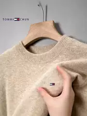 Authentic American Tommy Woolen Sweater Men's Sweater Round Neck Thick Solid Color Cashmere Casual Base Pullover Knitted Sweater