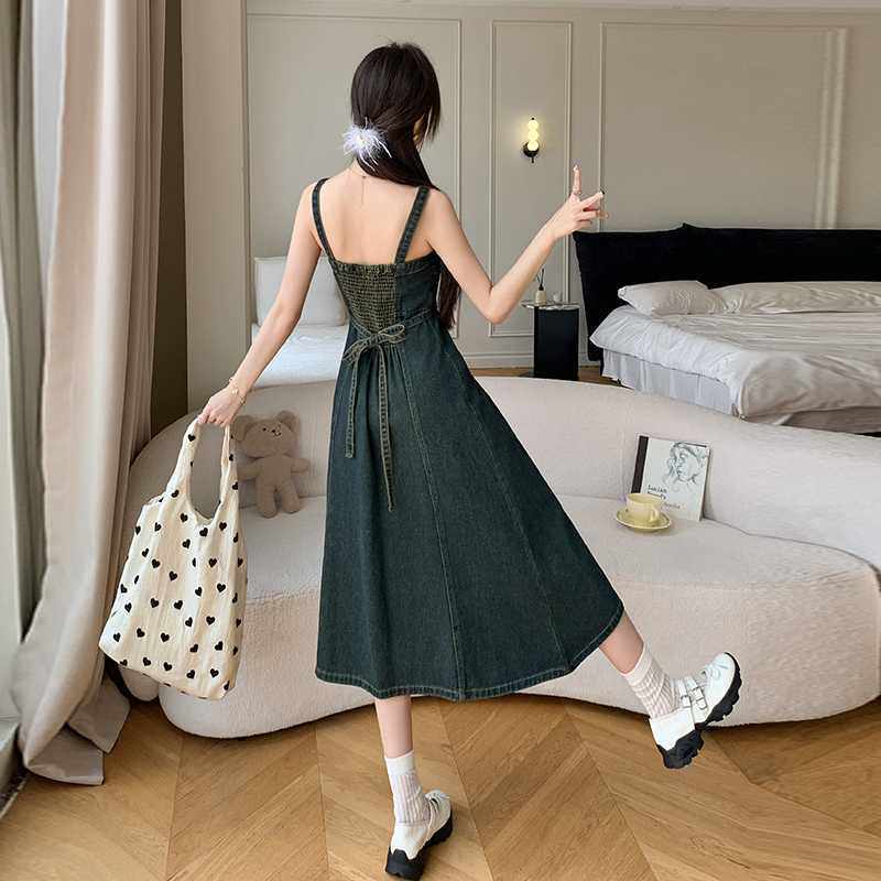 实拍2024年春秋夏季四季打底裙 牛仔背带裙中长款连衣裙女