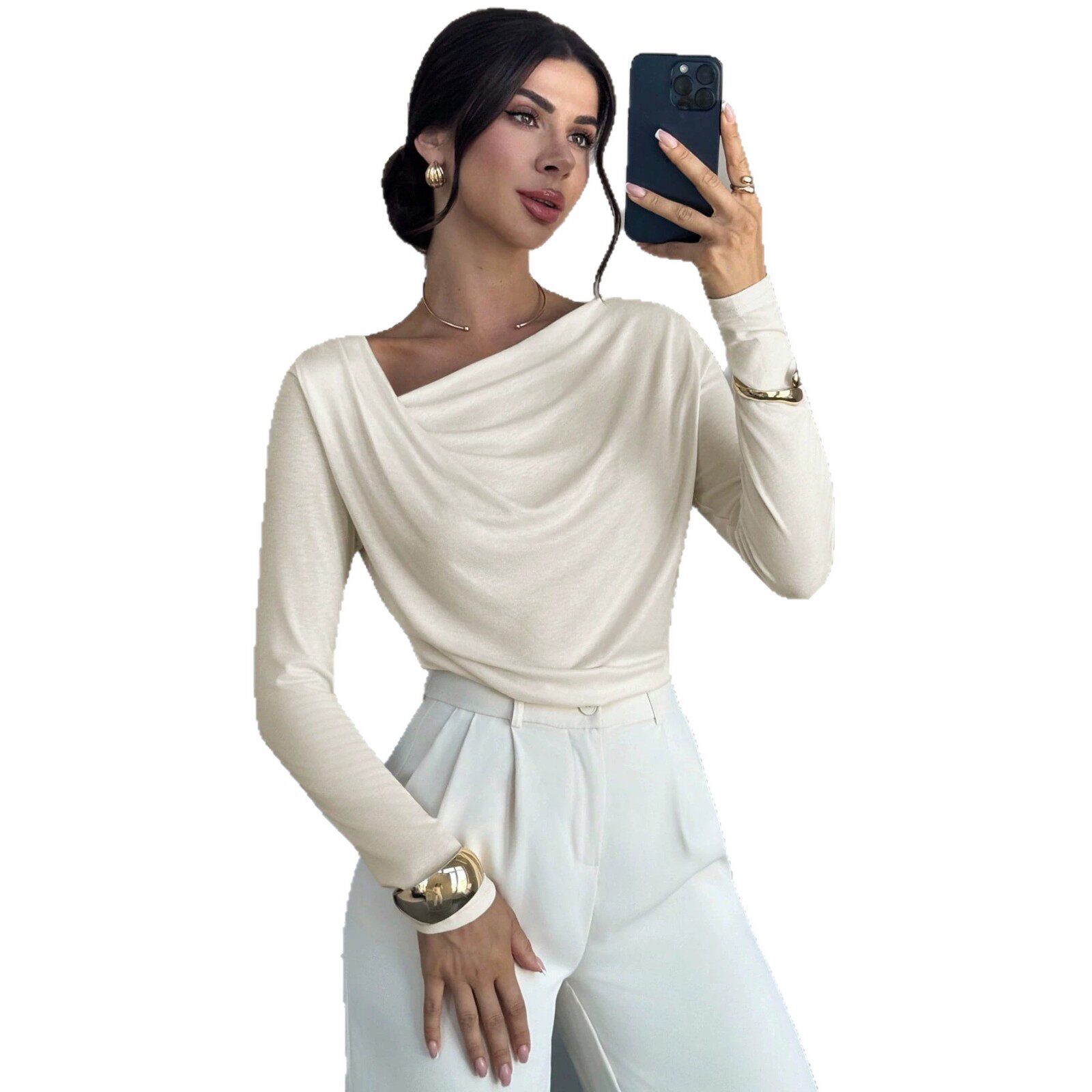 Womens Long Sleeve Asymmetrical Neck Pleated Top Slim Fit Elegant Style Soft Fabric Perfect for Office Wear