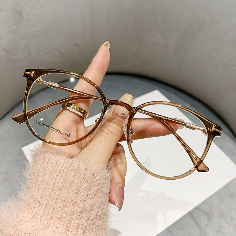 9898 Fashion Simple Cold Tea Chattering Live Anti-Blue Light Glasses Frame Men's and Women's Round Frame Flat Mirror Short-Sight Frame