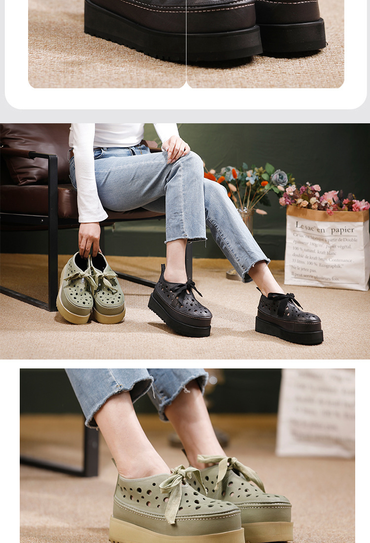 Sandal nữ đế dày 7cm da bò đầu lớp, mũi tròn, quai buộc phía trước — màu đen, Xanh nhạt