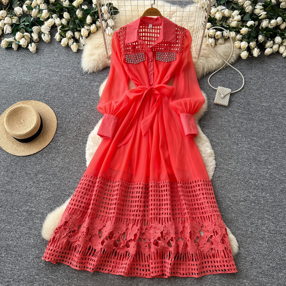 French Style Yellow Hollow Out Lace Up Dress Elegant A Line Silhouette Summer Fashion Office Wear Wholesale Available