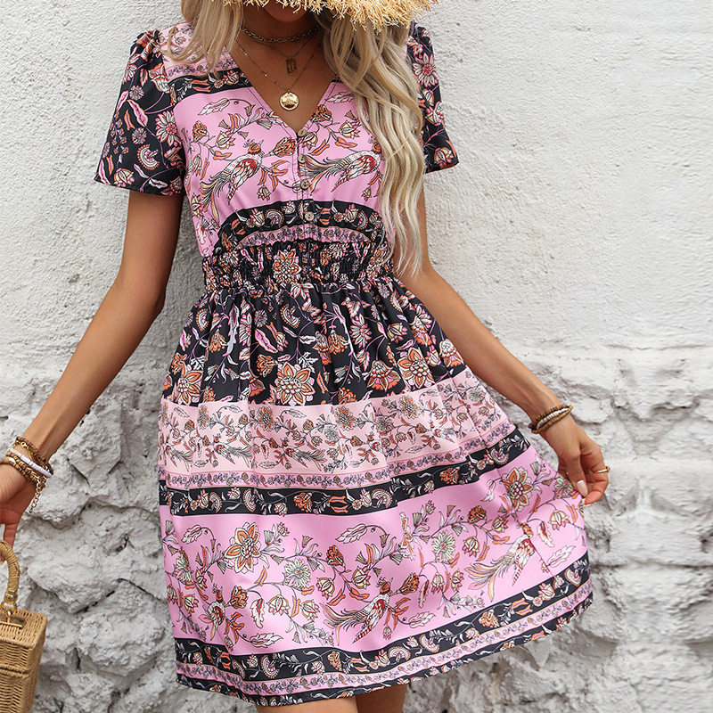 Bohemian Print Maxi Dress Summer Ethnic Style Vacation Wear Lightweight Fabric Vibrant Colors Wholesale Available