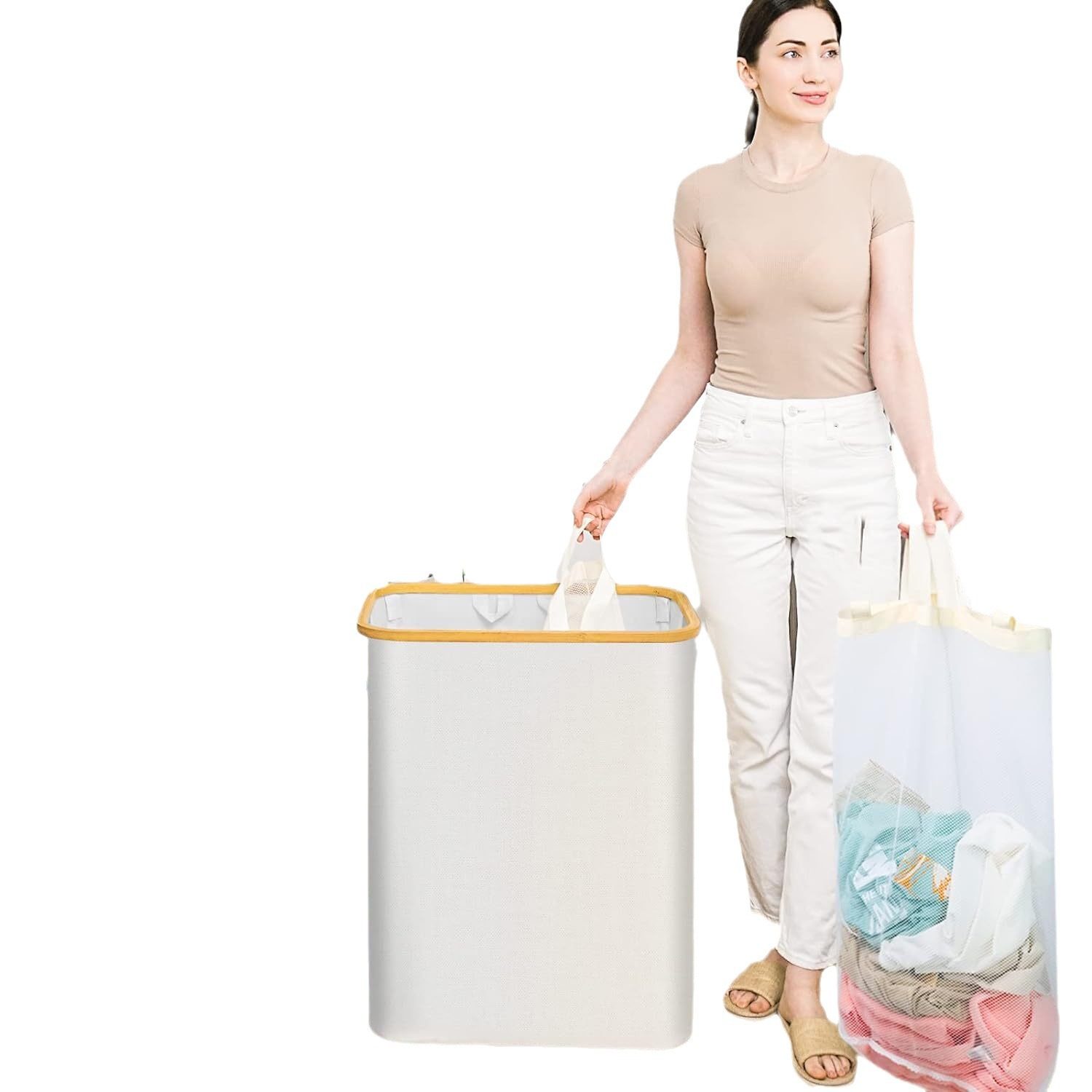 Cross-border Japanese bamboo laundry basket bedroom with inner bag with lid foldable dirty clothes storage basket bathroom partition