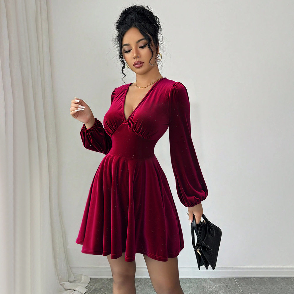 Vintage Style Burgundy Velvet A Line Dress V Neck Lantern Sleeves Slim Fit Ruffled Cocktail Party Evening Wear