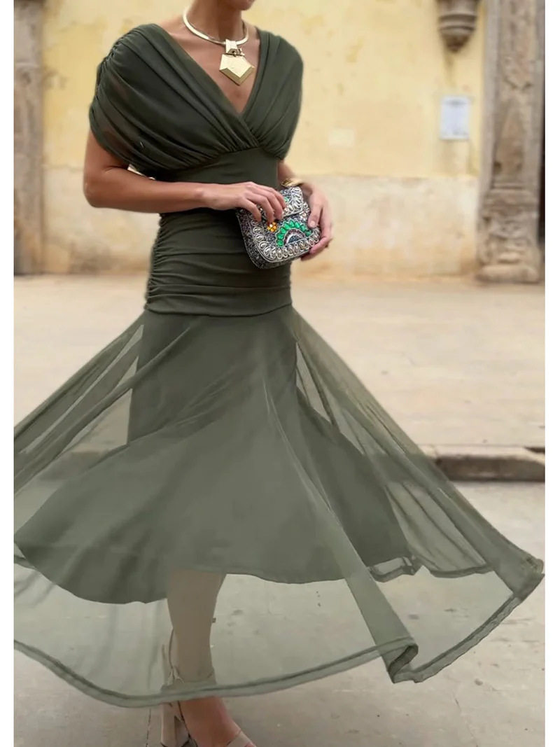 2025欧美风ins跨境女装独立站爆款雪纺印花新款露肩裹胸连衣裙女