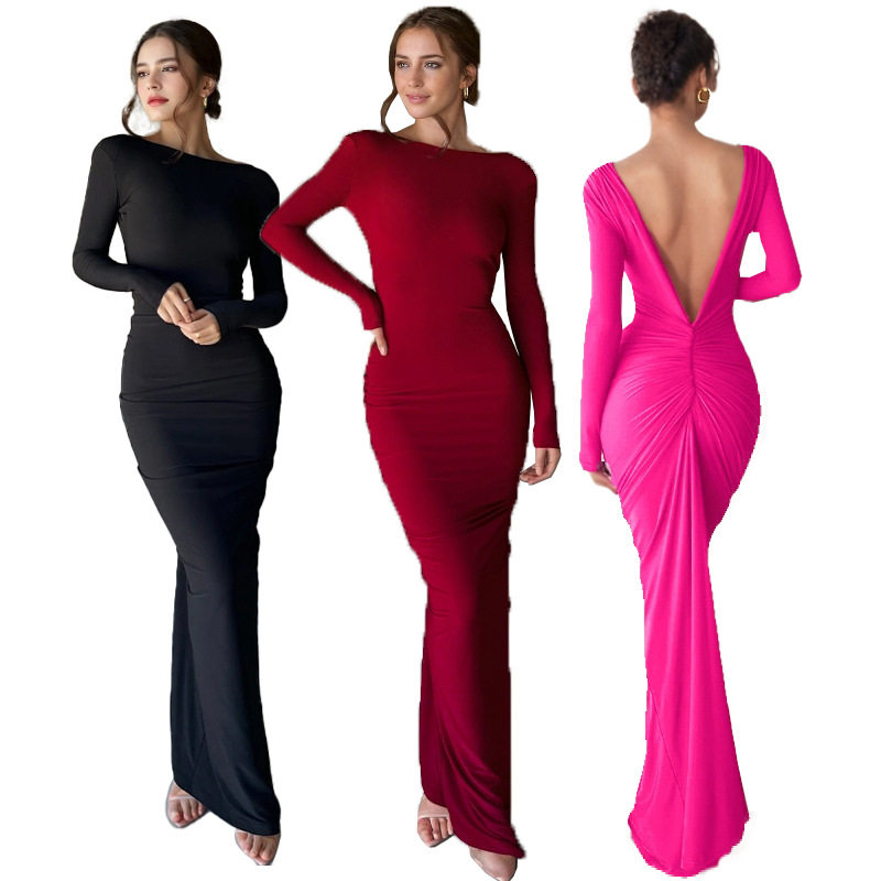 French Style Long Sleeve Deep V Neck Ruched Bodycon Dress Versatile Two Way Wear High Waist Elegant Design Perfect
