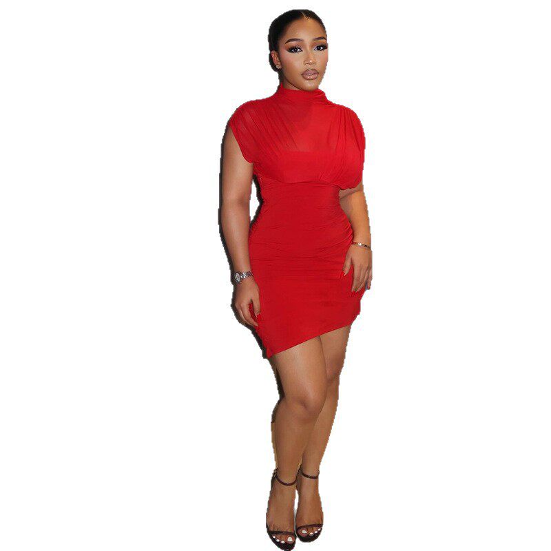 Slim Fit Solid Color Bodycon Dress for Women High Neck Short Sleeve Waist Cinching Fashionable for Parties and Events