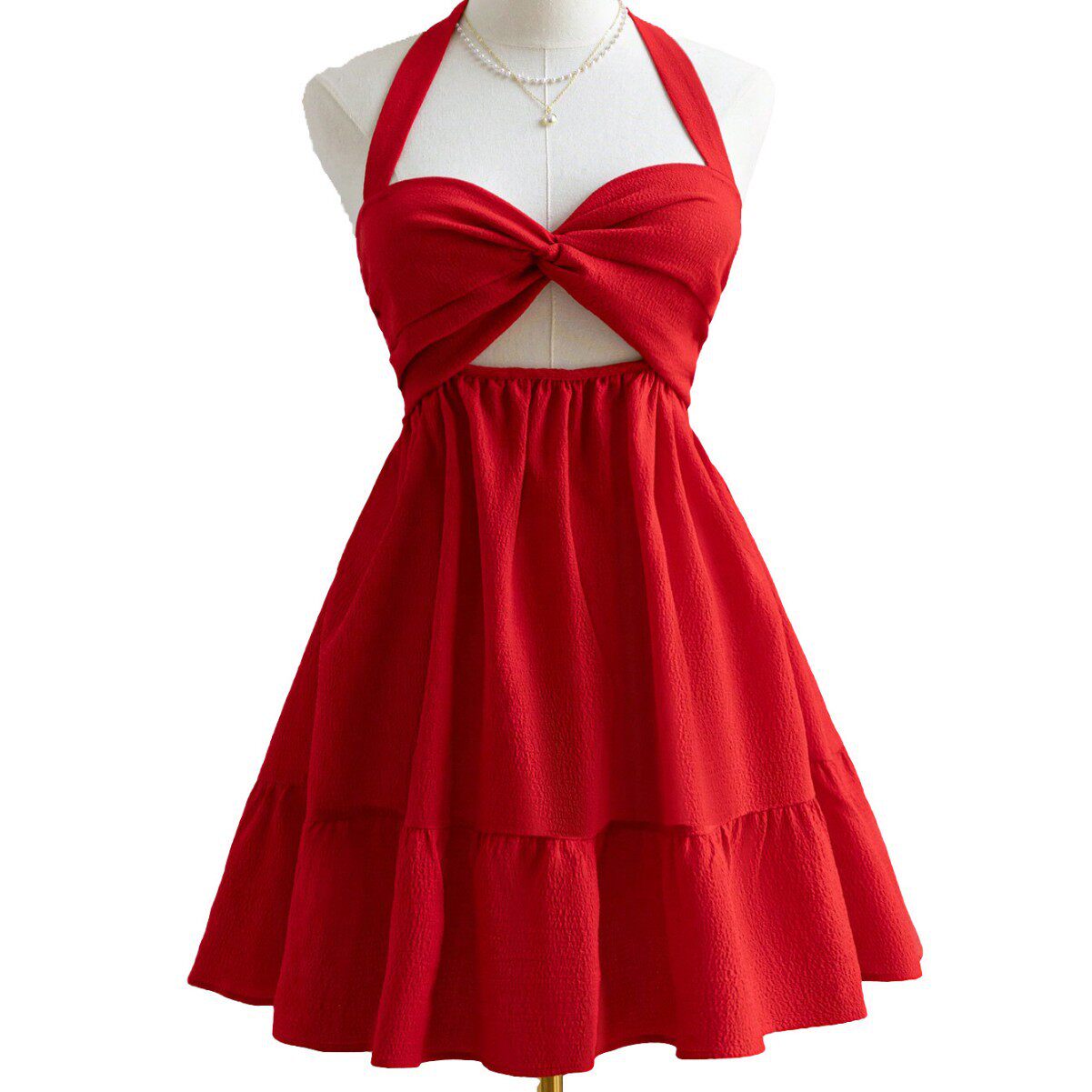 Red Backless Mini Dress Sexy Halter Neck Summer Fashion Lightweight Fabric Perfect for Parties and Night Out