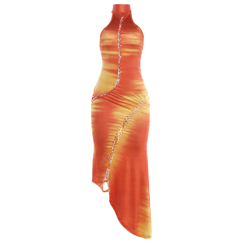 Summer Womens Dress Sexy Hollow Out Colorful High Neck Irregular Hem Bodycon Fit Party or Casual Wear
