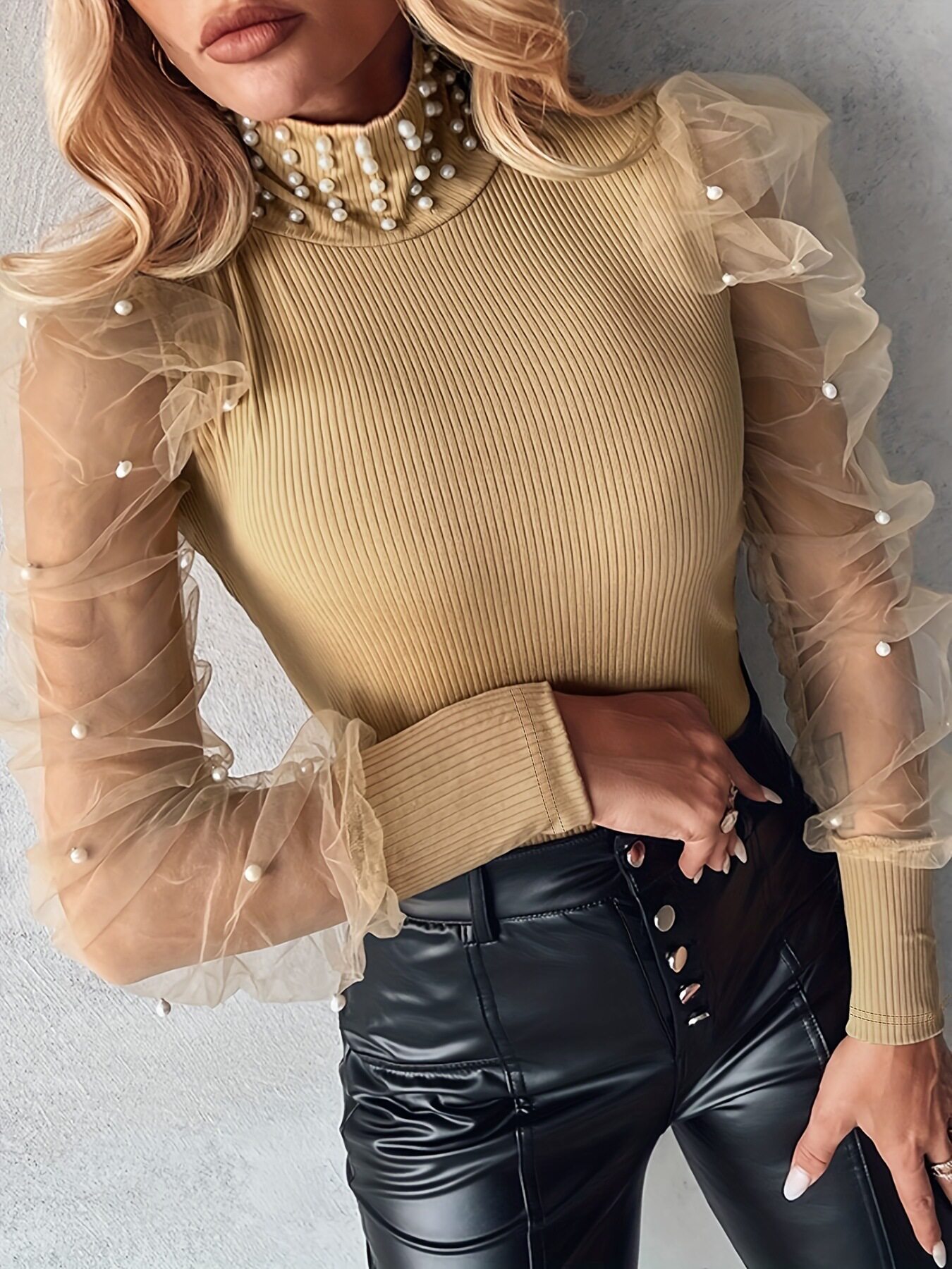 Womens Sheer Mesh Puff Sleeve Color Block T Shirt Elegant Solid Color Pearl Detail Office Wear Casual Style