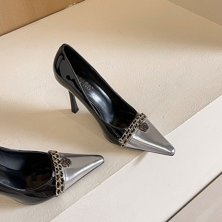 555-6 design color matching metal chain ultra high heels stiletto pointed toe camellia shoes