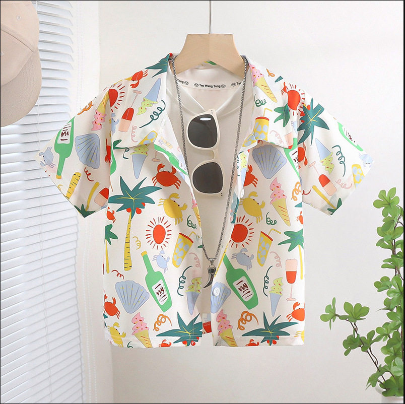 New Summer Children's Short-Sleeve Floral Shirt, Hot-Selling Boys' Stylish Casual Top, Beach Style Blouse