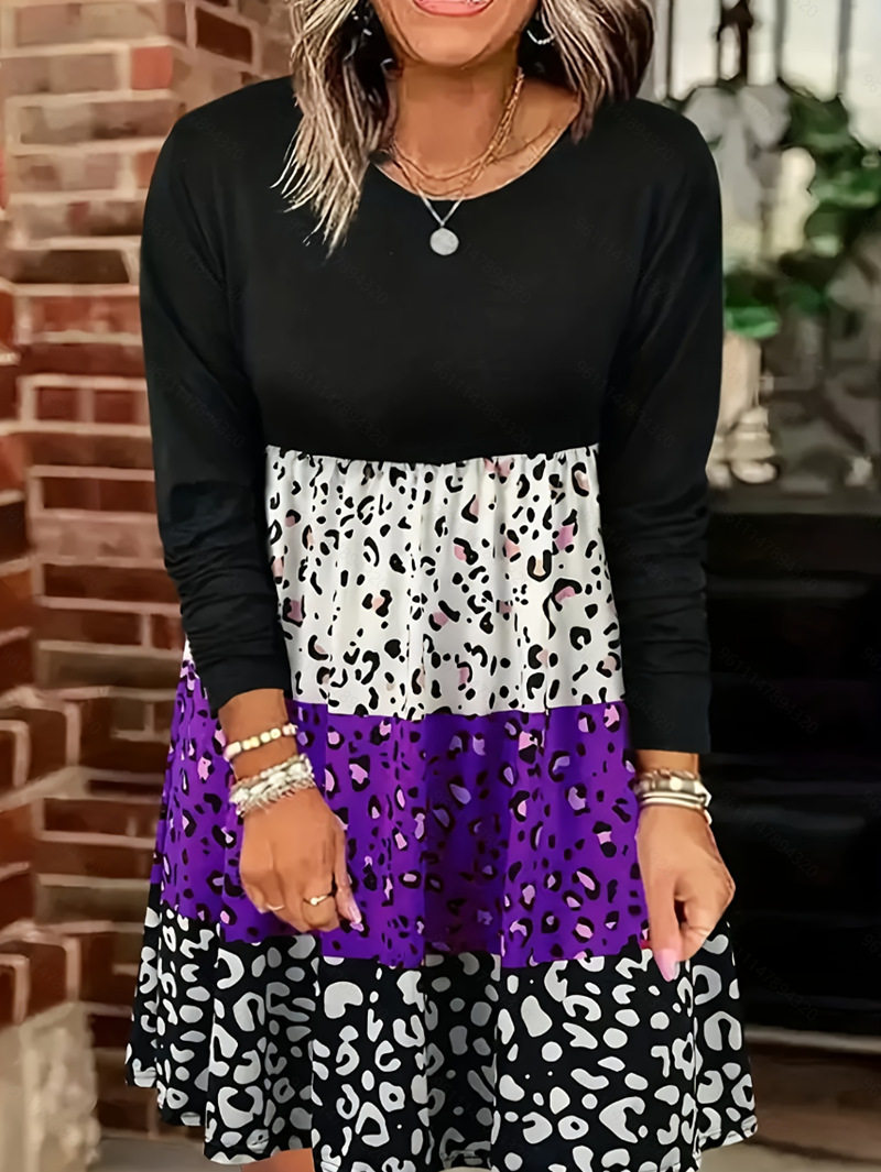 Color Block Printed Long Sleeve Dress Fall Winter Collection Casual Wear for Women Wholesale Available