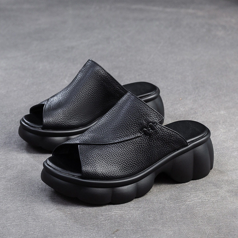 Dép Sục Nữ Da Mờ Hở Mũi Chiều Cao Đế Khoảng 5cm Màu Đen, Nâu