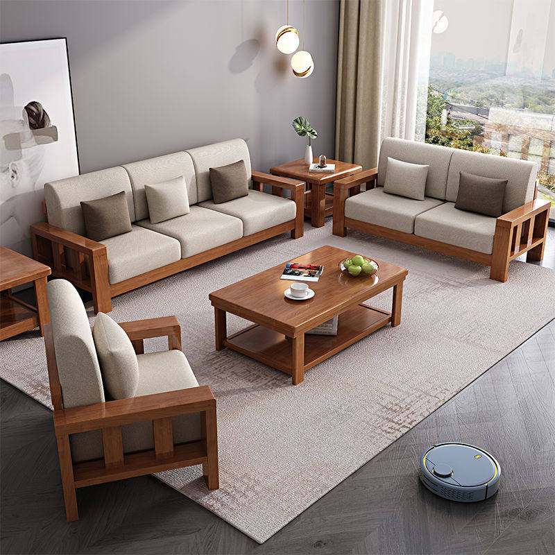 中式实木沙发组合出租房沙发现代简约小户型客厅贵妃转角布艺沙发