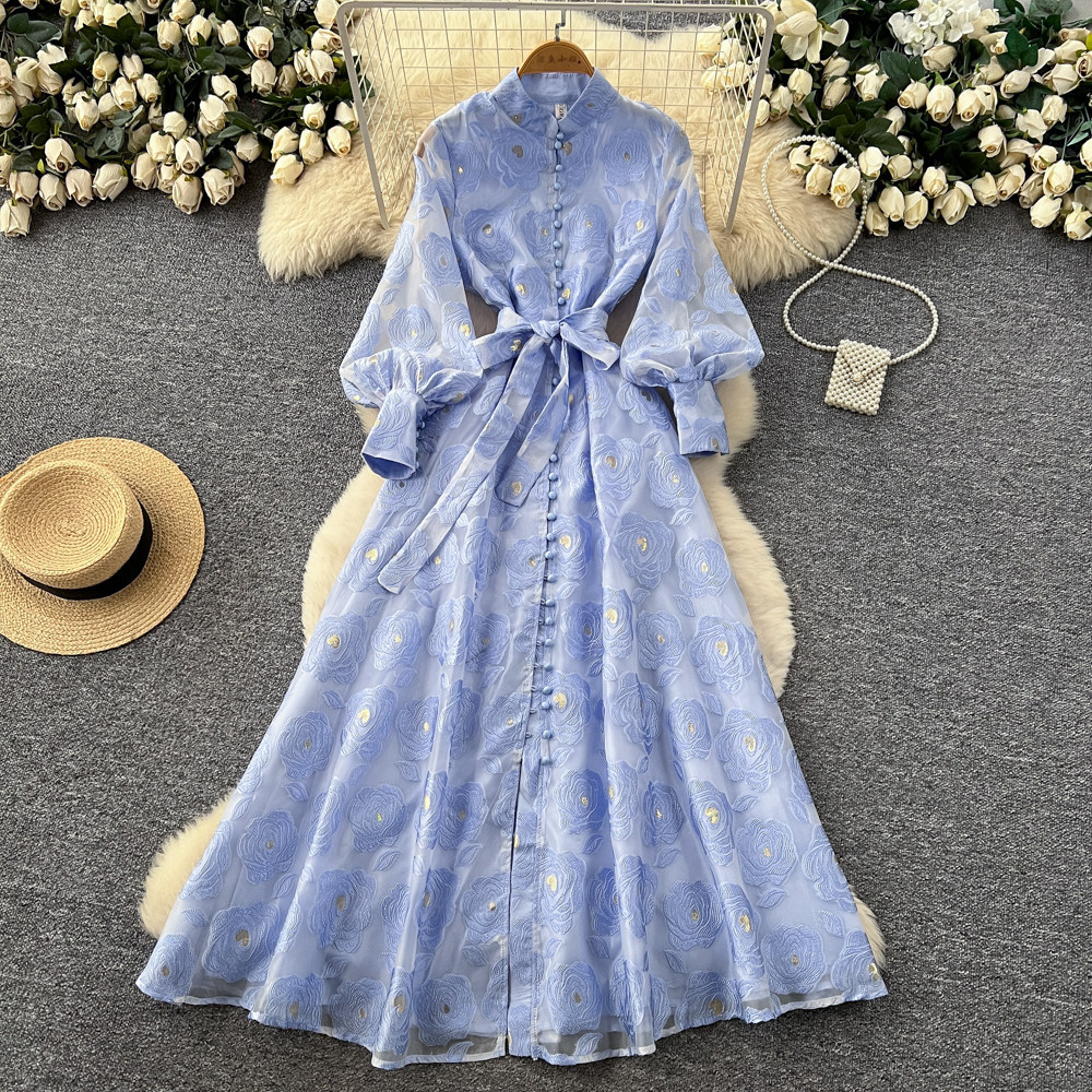 French Romantic Style Embroidered A Line Dress Lantern Sleeves High Collar Waist Defining Elegant Long Dress