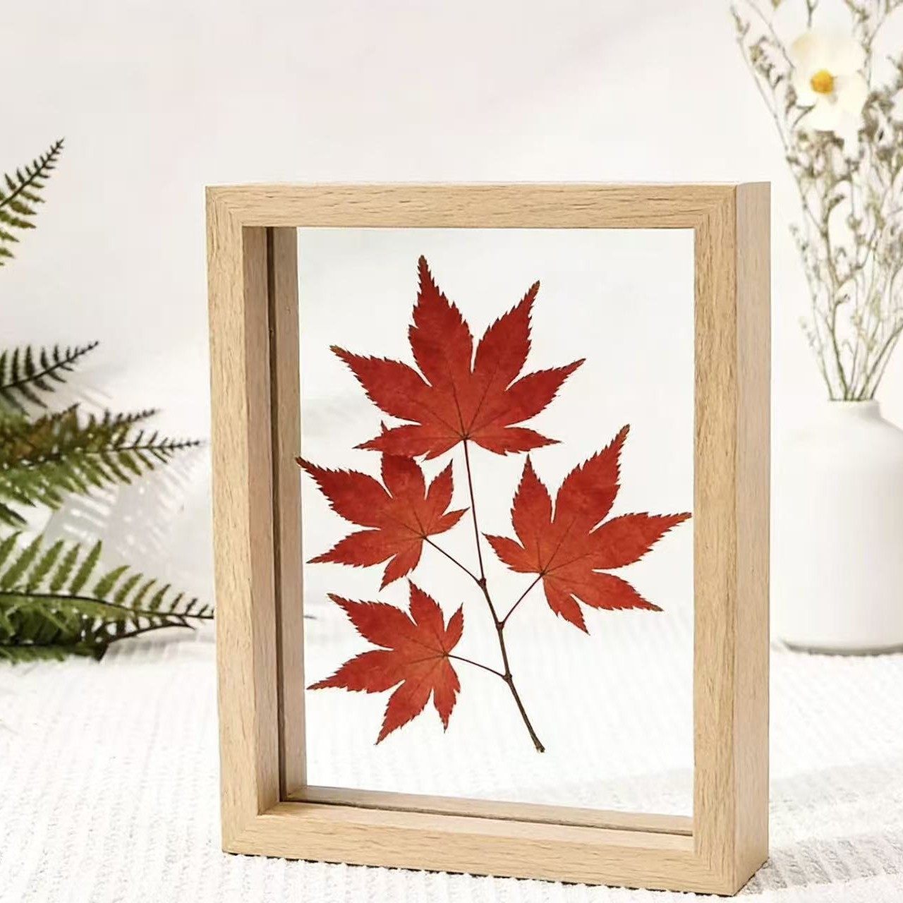 Retro Double-sided Transparent Wedding Photo Frame Table with Happy Words 6inch Leaf Carving Specimen Photo Frame diy Frame Wooden Paper-cut Painting