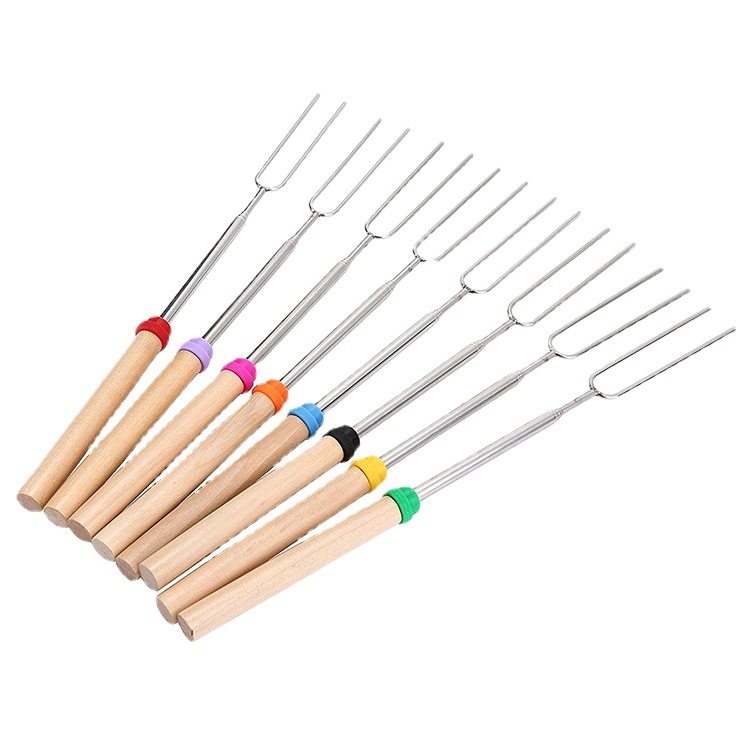 Metal Telescopic Barbecue Set Barbecue Tool Accessories 5 Section Wooden Handle Multifunctional Stainless Steel Telescopic Barbecue Fork