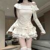Love Comprehensive White Moonlight suit Autumn and Winter Slim-fit Slimming Pure Desire Wind off-shoulder Top Half-length Short Skirt Two-piece Set for Women