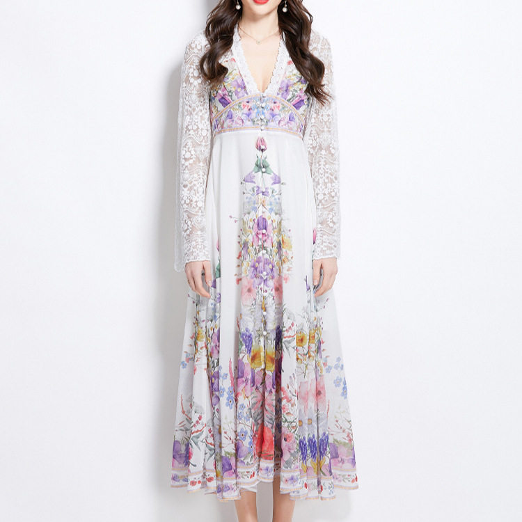 Fashionable Spring Dress for Women Elegant Deep V Neck Lace Bell Sleeves Floral Print Perfect for Vacation or Casual