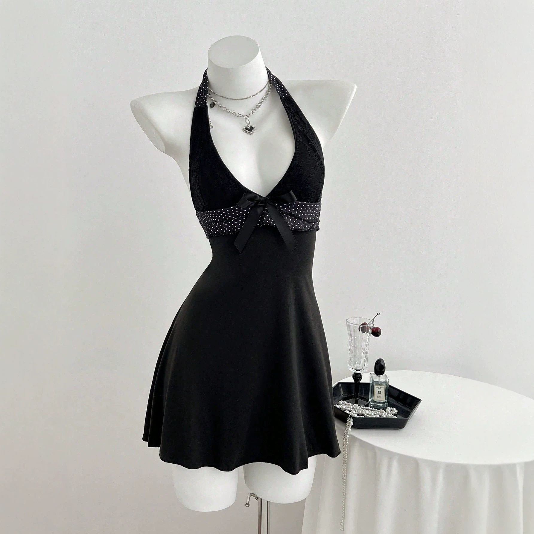 V Neck Halter Mini Dress Ruffled Hem Bow Tie Slim Fit Elegant Evening Wear Ready to Ship private label