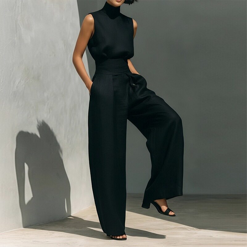 Womens Spring Outfit Set Elegant Solid Color High Neck Sleeveless Straight Leg Pants Perfect for Casual or
