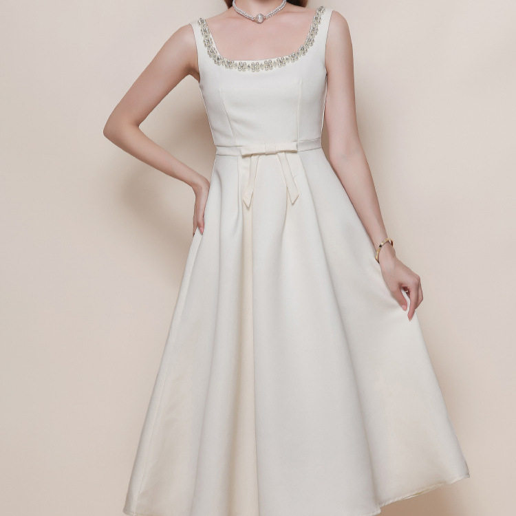 Elegant French Style Beaded Square Neck Sleeveless Dress High End Fit and Flare Waist Defining Slimming Perfect for