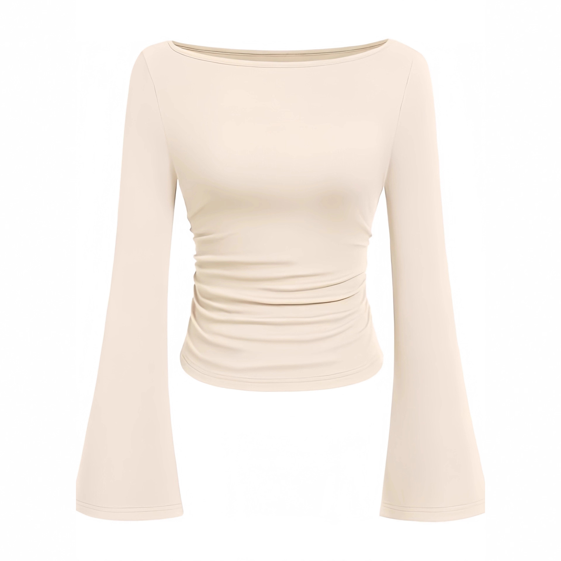 2025亚马逊跨境秋冬新款一字领百搭长袖t恤女装修身喇叭袖打底衫